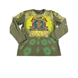 Raw Blue Men's XL Long Sleeve Graphic Shirt Olive Green Y2K Almighty Dollar Tee
